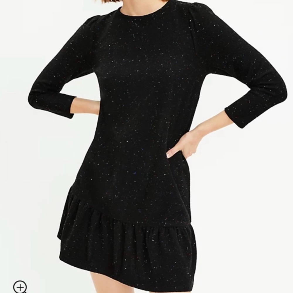 LOFT Black Speckled Long Sleeve Ruffle Hem Mini Dress
